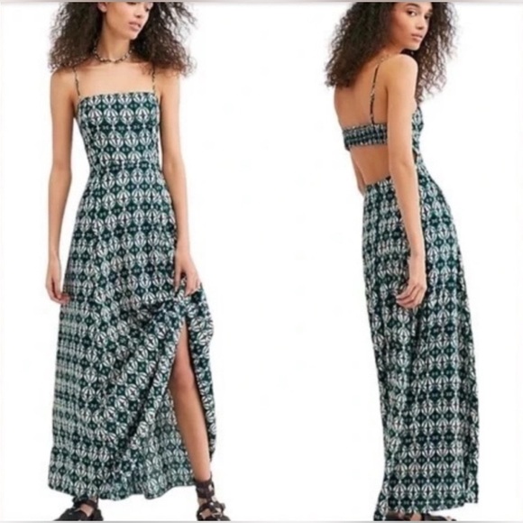 Free People Dresses & Skirts - Free People Milania Maxi Dress Size 10 Green Open Back Boho Bohemian Geometric